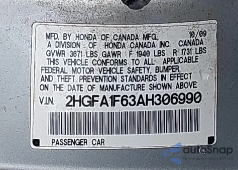 2010 Honda Civic Lx-S from USA, damaged, VIN 2HGFA1F63AH306990
